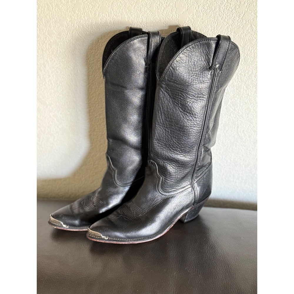 Code West Vintage Black Leather Cowboy Boots Metal Toe Tip Womens 8.5 M USA
